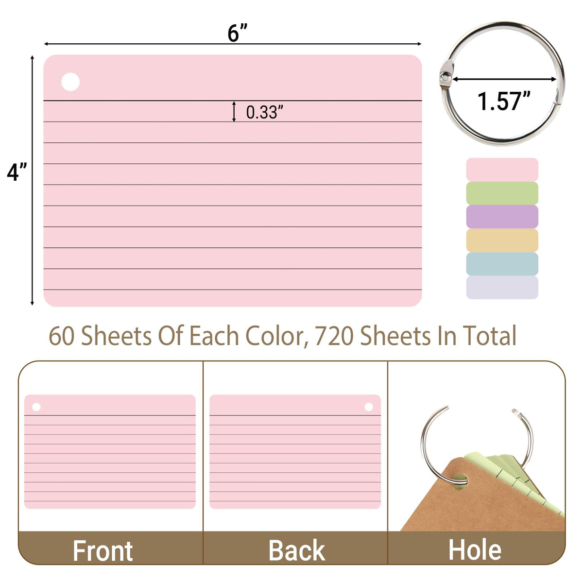 zmybcpack 12 Pack 720 Pcs 4x6 Inch Lined Index Card, Flash Cards with Rings