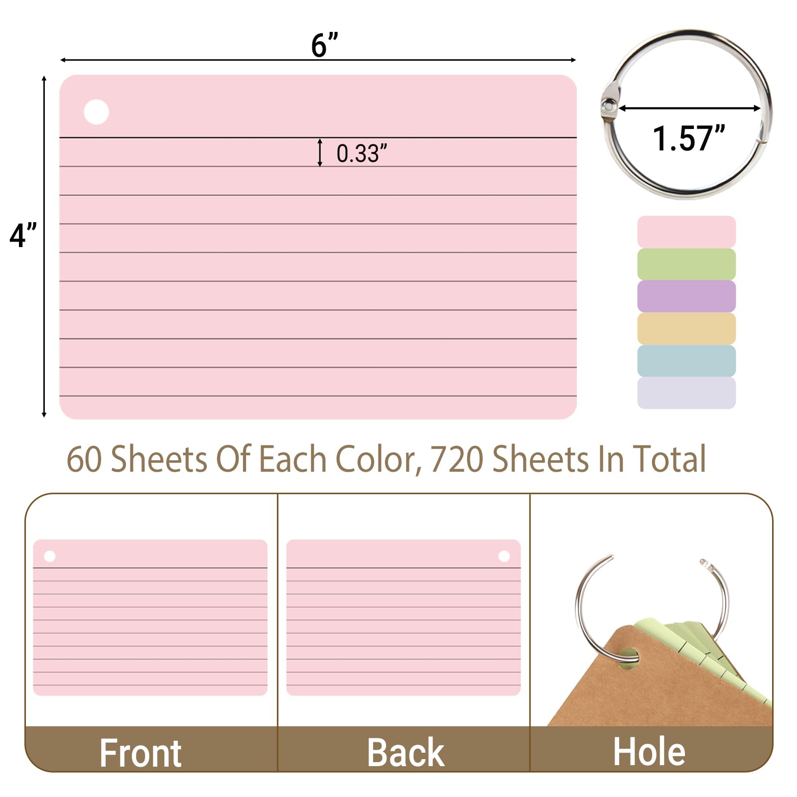 zmybcpack 12 Pack 720 Pcs 4x6 Inch Lined Index Card, Flash Cards with Rings
