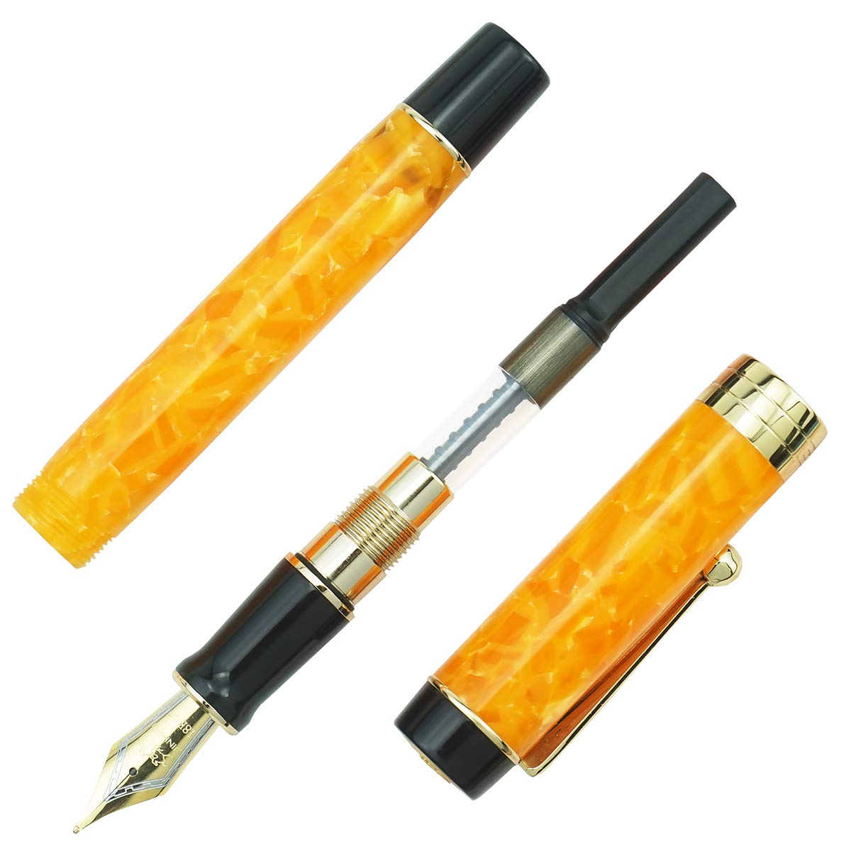 Jinhao 100 Classic Fountain Pen Orange Marble Celluloid, Extra Fine Nib with Converter and Pen Case