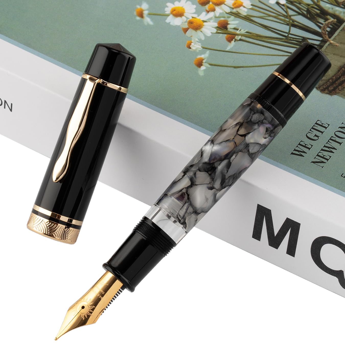 erofa Majohn P139 Piston Fountain Pen No.8 Medium Nib with Box, Gray Marble Acrylic Large Capacity