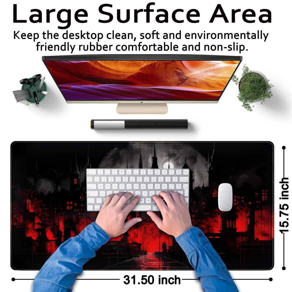 Black Castle Large Mouse Pad Red and Black Mousepad Gaming Playmat Game Mat, Big Full Keyboard and