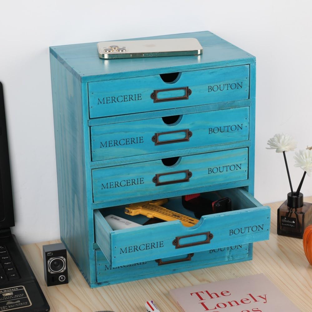 BoxSkivra Small Wooden Drawers Wooden Box with Drawer, Blue 5 Wood Drawer