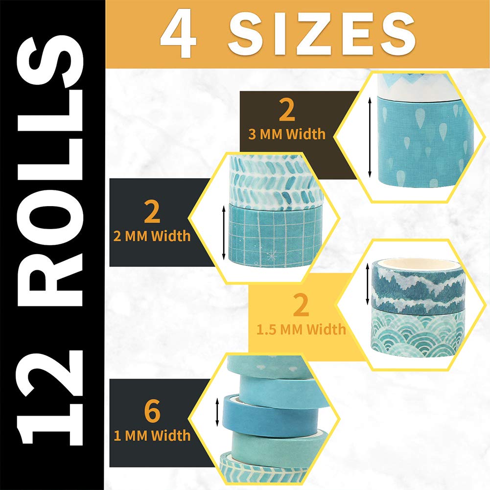 CCINEE 12 Rolls Washi Tape Set,Blue Decorative Masking Tape Assortment for Planner Bullet Journal