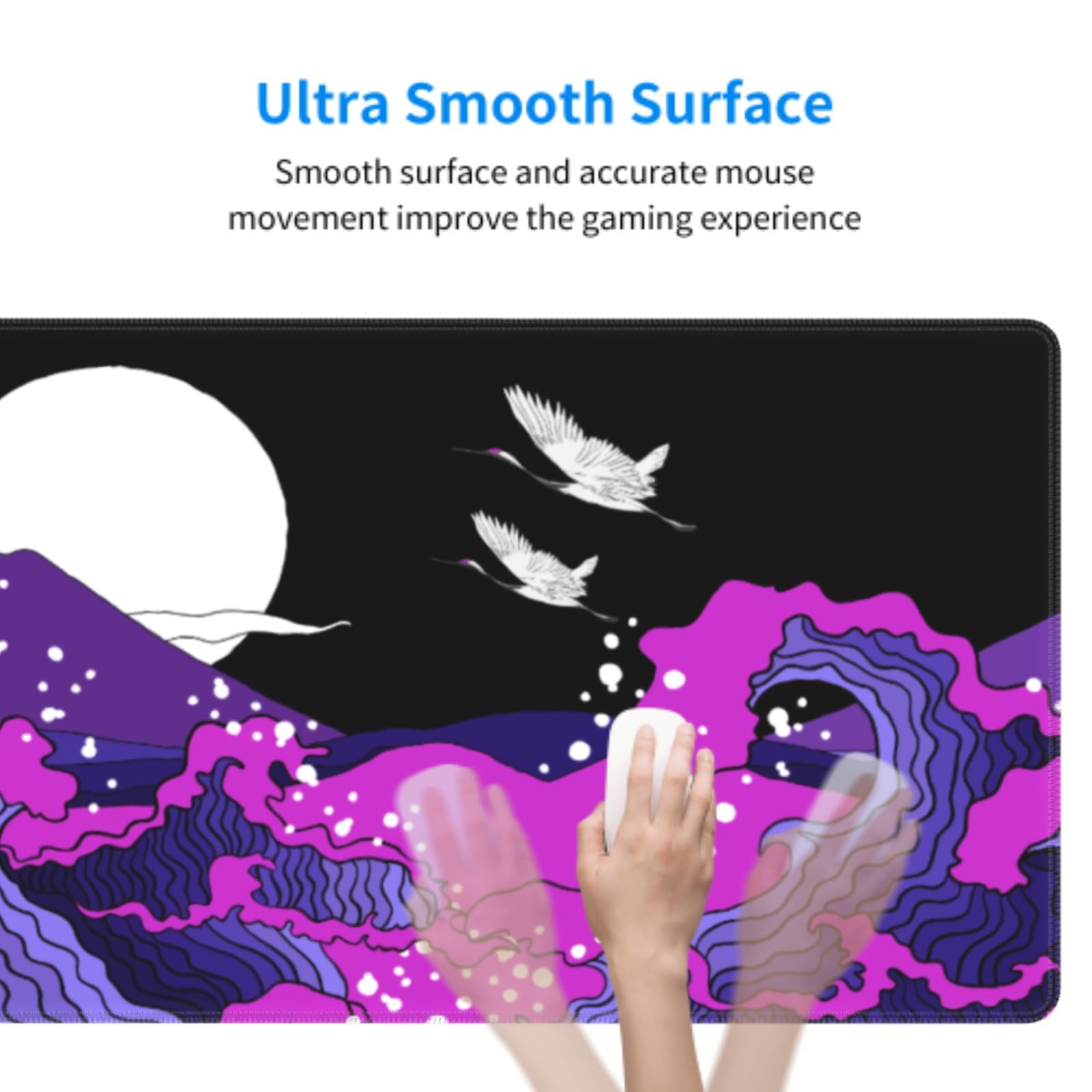 Japanese Balck Blue Purple Wave Gaming Mouse Pad 31.5 X 11.8 Inch XL Cool Style Art Design Print