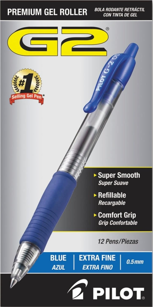 PILOT G2 Gel Roller Pens, Blue Ink Pens Extra Fine Point, Pack of 12