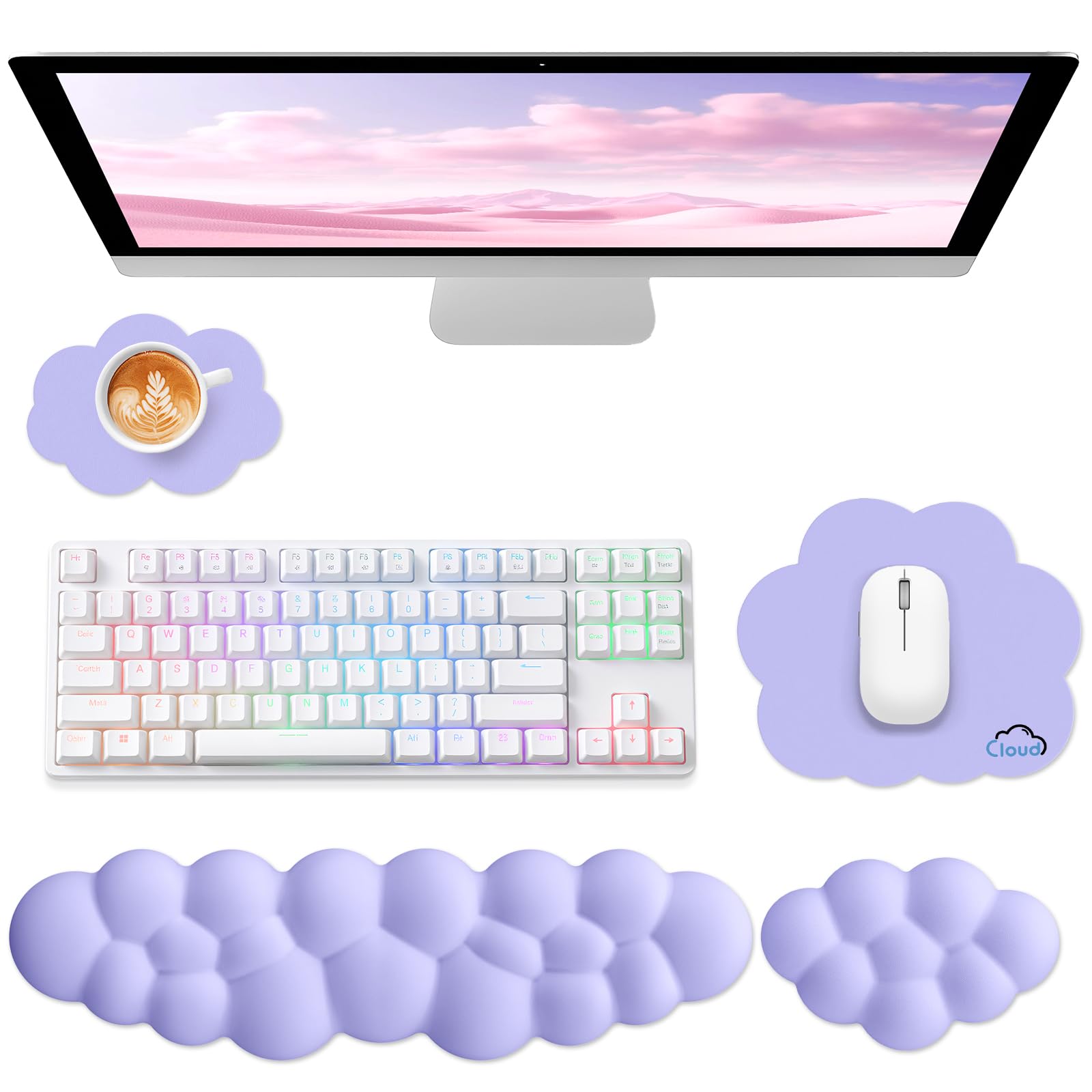Sushret Cloud Wrist Rest for Computer Keyboard and Mouse Pad Set, Purple