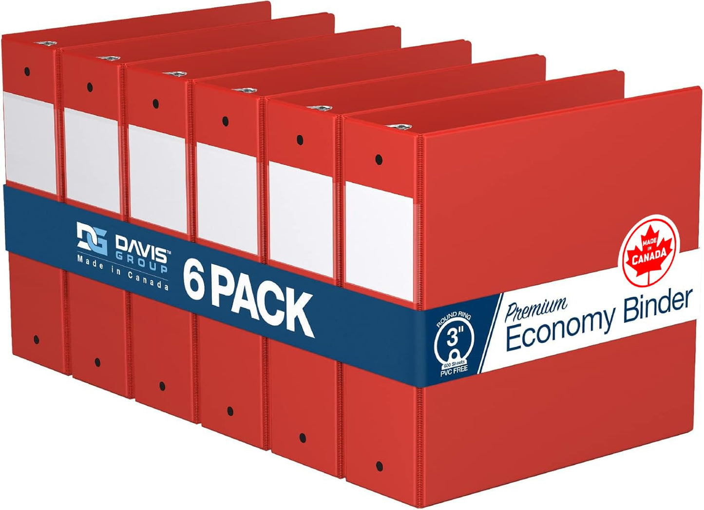 Premium Economy 3-Ring Binder, Spine Label, 3" Round Rings, Red, 6 Pack