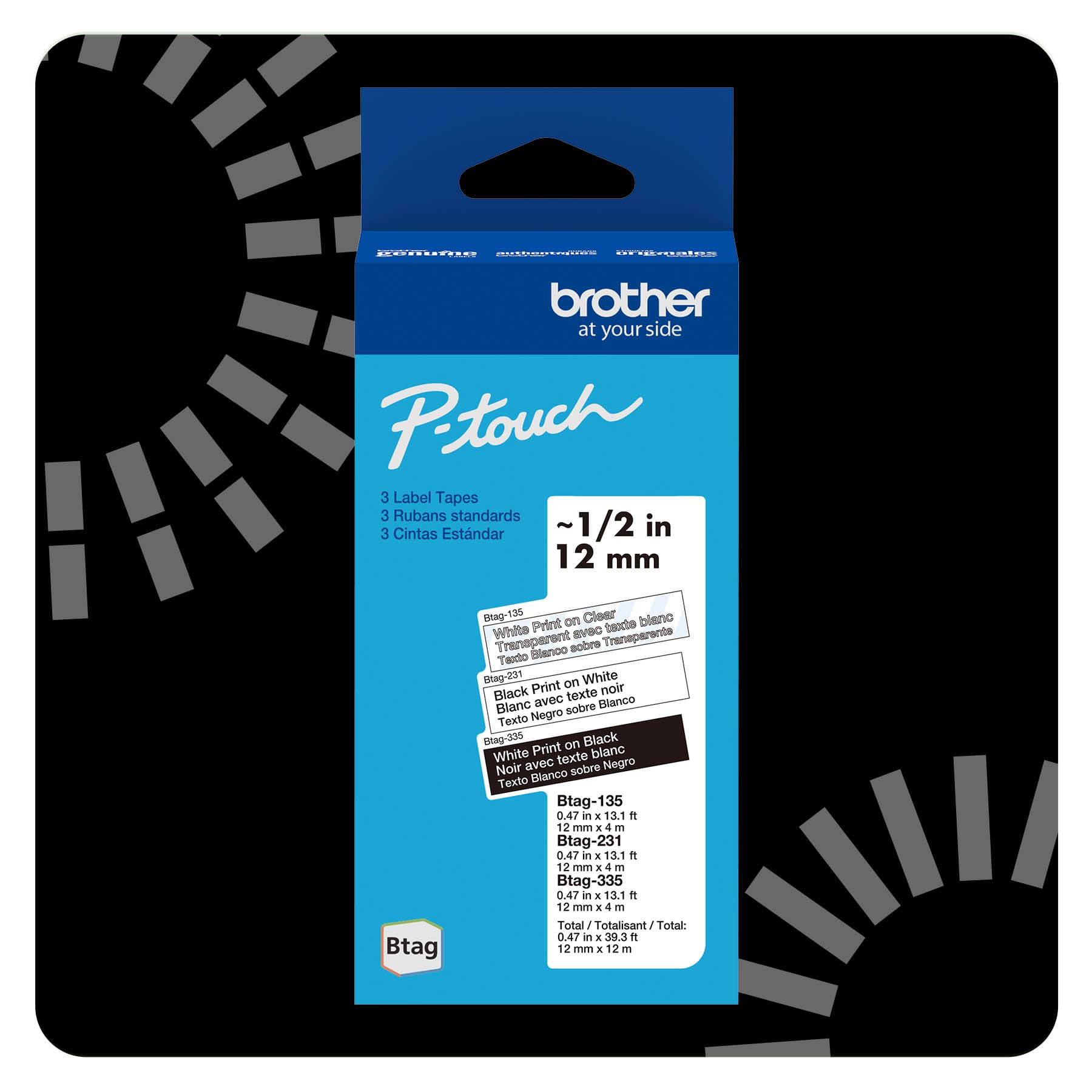 Brother Genuine P-Touch Btag Label Tape, BTAG3M01, 0.47 in by 13.1 ft, White on Clear, Black on
