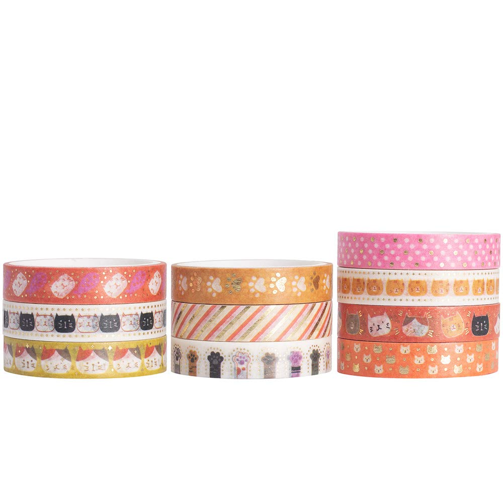 YUBBAEX 10 Rolls Sparkling Washi Tape Set 8mm Skinny Gold Foil Decorative Masking Washi Tapes for