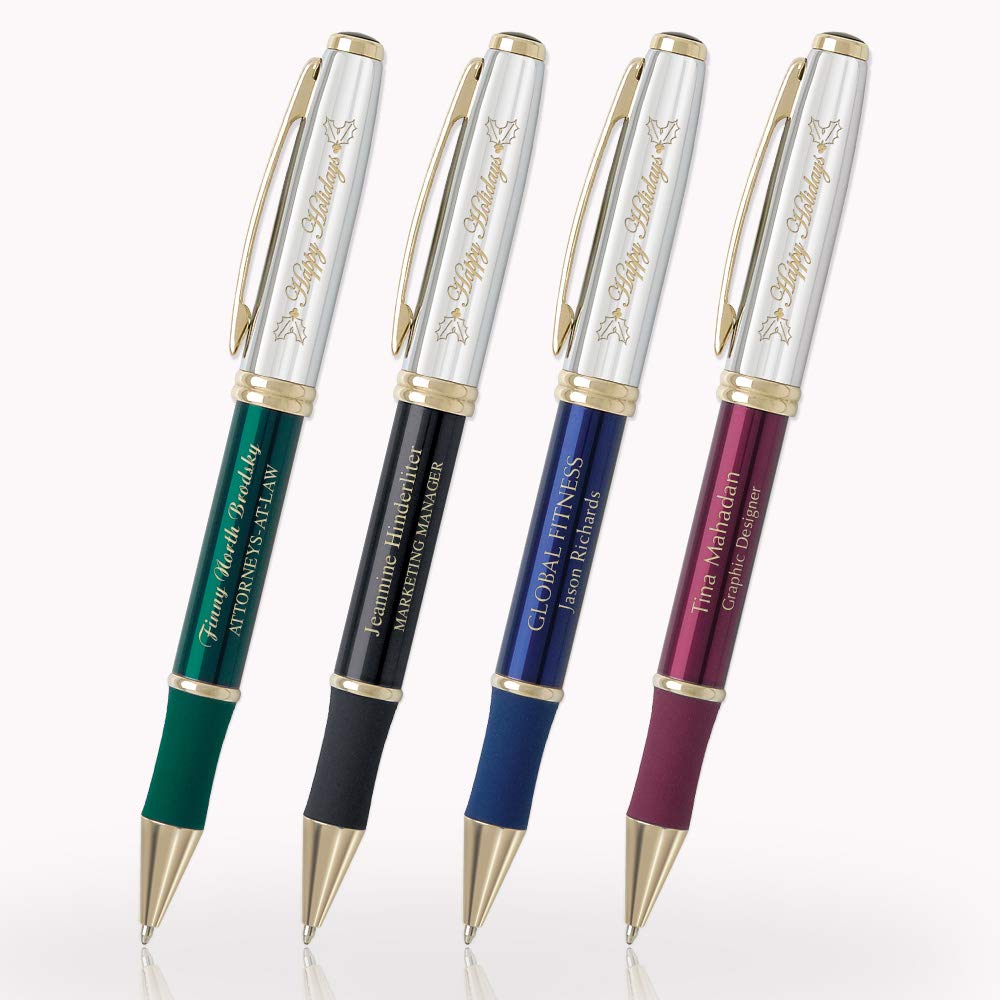 Imprints Online Custom Laser Engraved Executive Metal Ballpoint Pens With Happy Holidays Design.