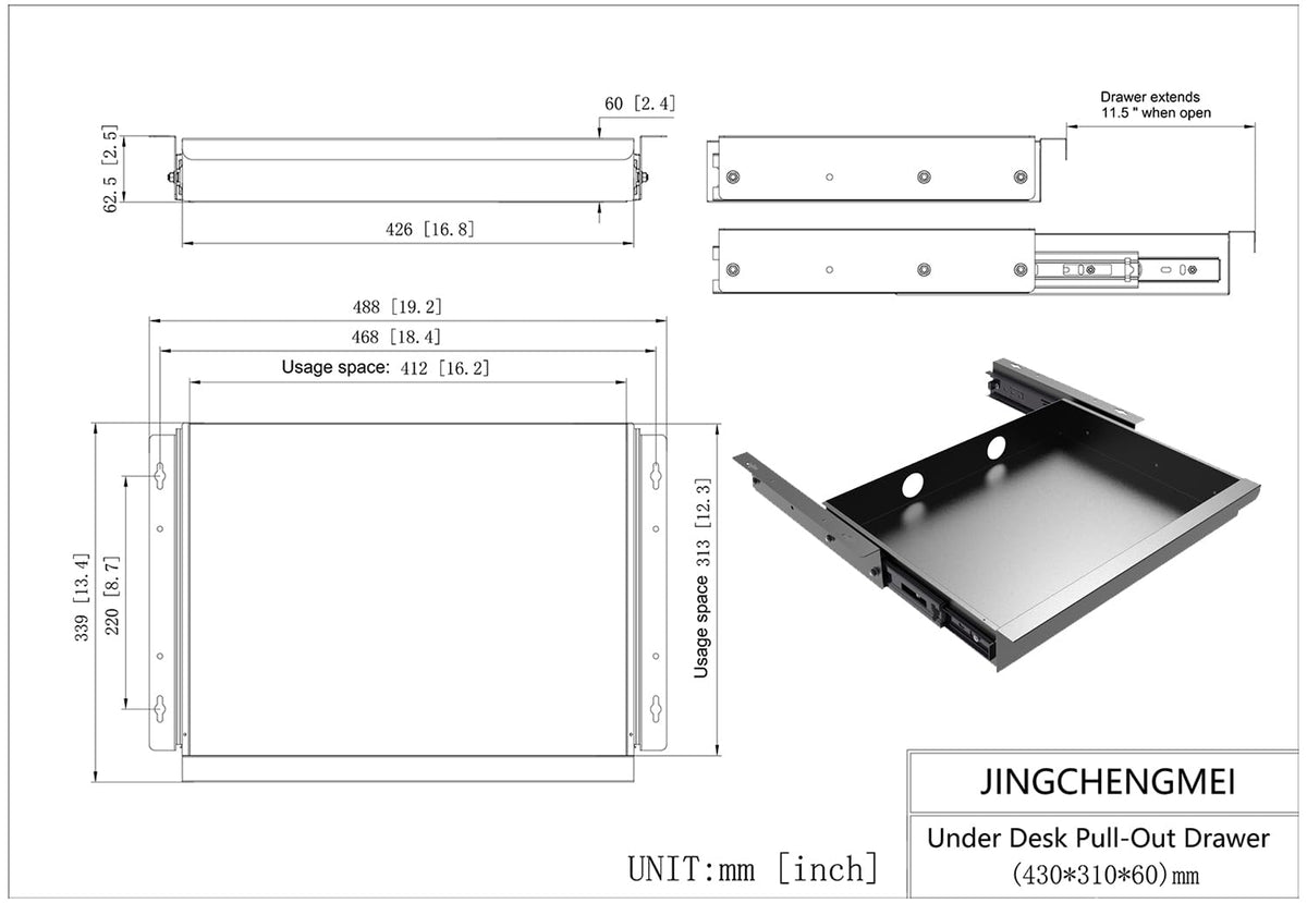 Mofangtech Under Desk Mounted Sliding Pull-out Drawer W 19.2" x D 13.4"