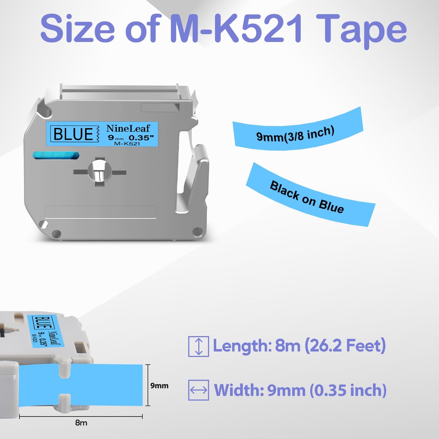 NineLeaf 4 Pack Compatible for ptouch M Label Tape MK521 M-K521 M521 Black on Blue 3/8" (9mm) x