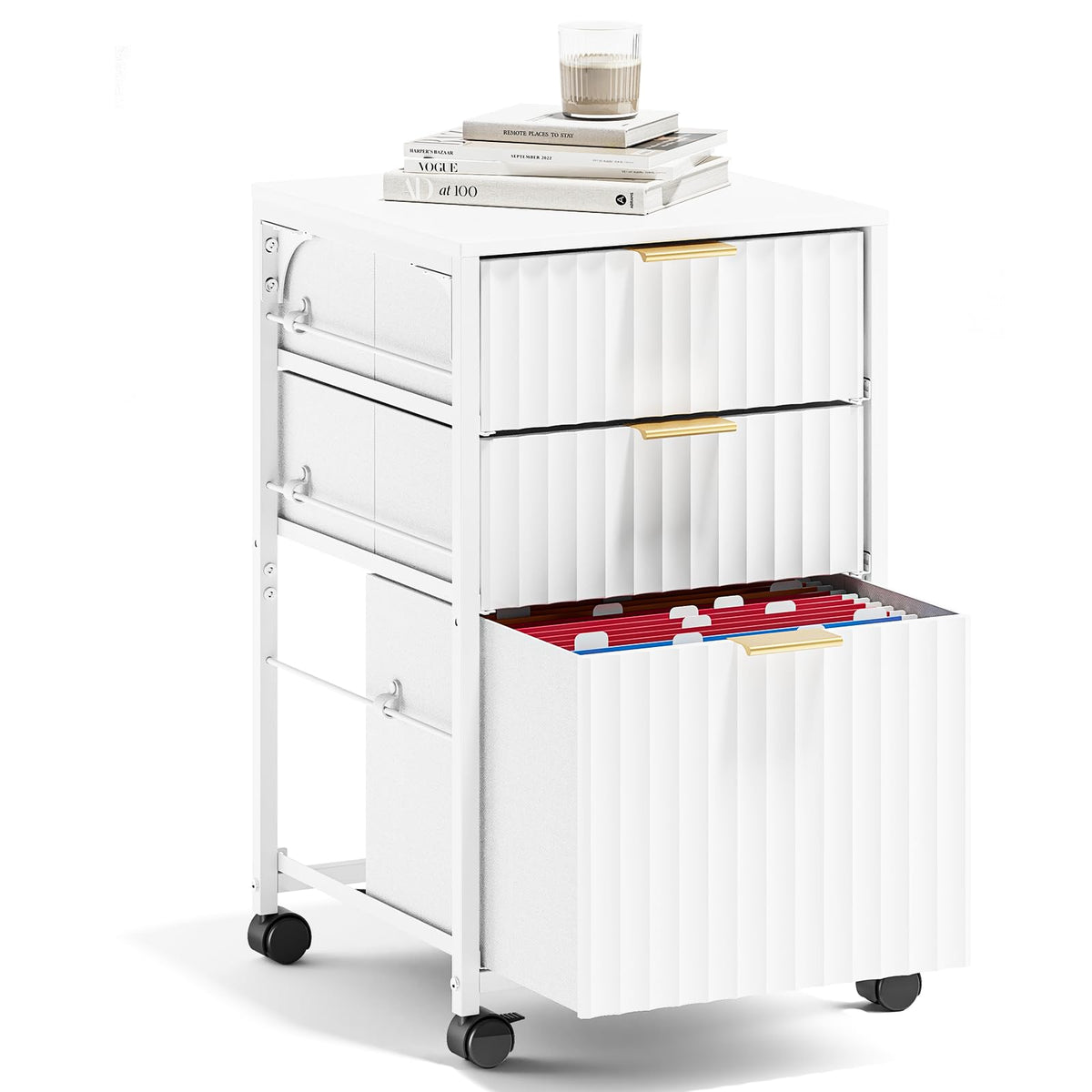 Bonnlo 3 Drawer Fluted File Cabinet, Rolling File Cabinet Mobile Under Desk File Cabinet with
