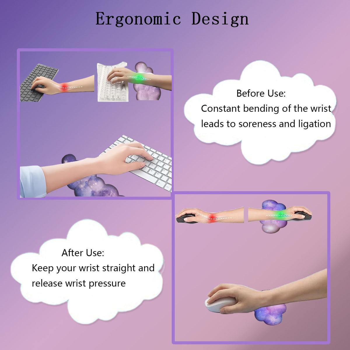 Cloud Wrist Rest Keyboard Purple Cloud Mouse Pad Set 4PCS Galaxy Large Desk Mat Ergonomic Space