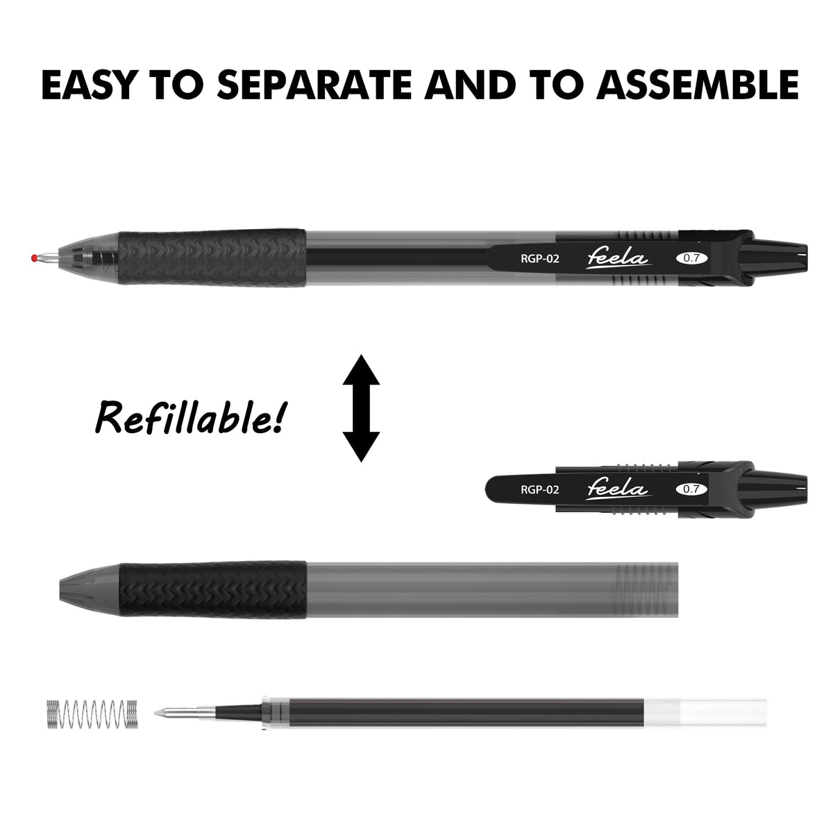 feela 52 Pack Retractable Black Ink Gel Pens, Premium Medium Point Rollerball Pens for School