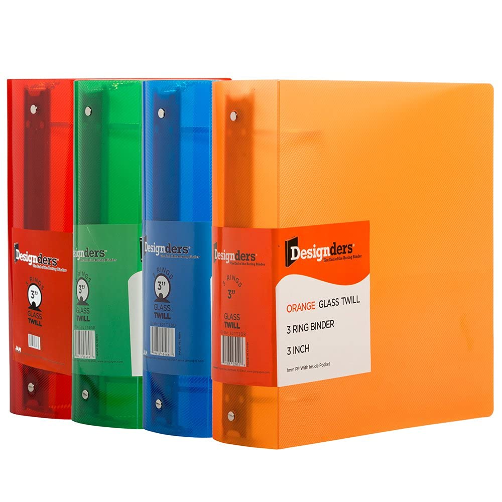 JAM PAPER Plastic 3 inch Binders - Assorted 3 Ring Binders (Red, Blue, Green & Orange) - 4/Pack
