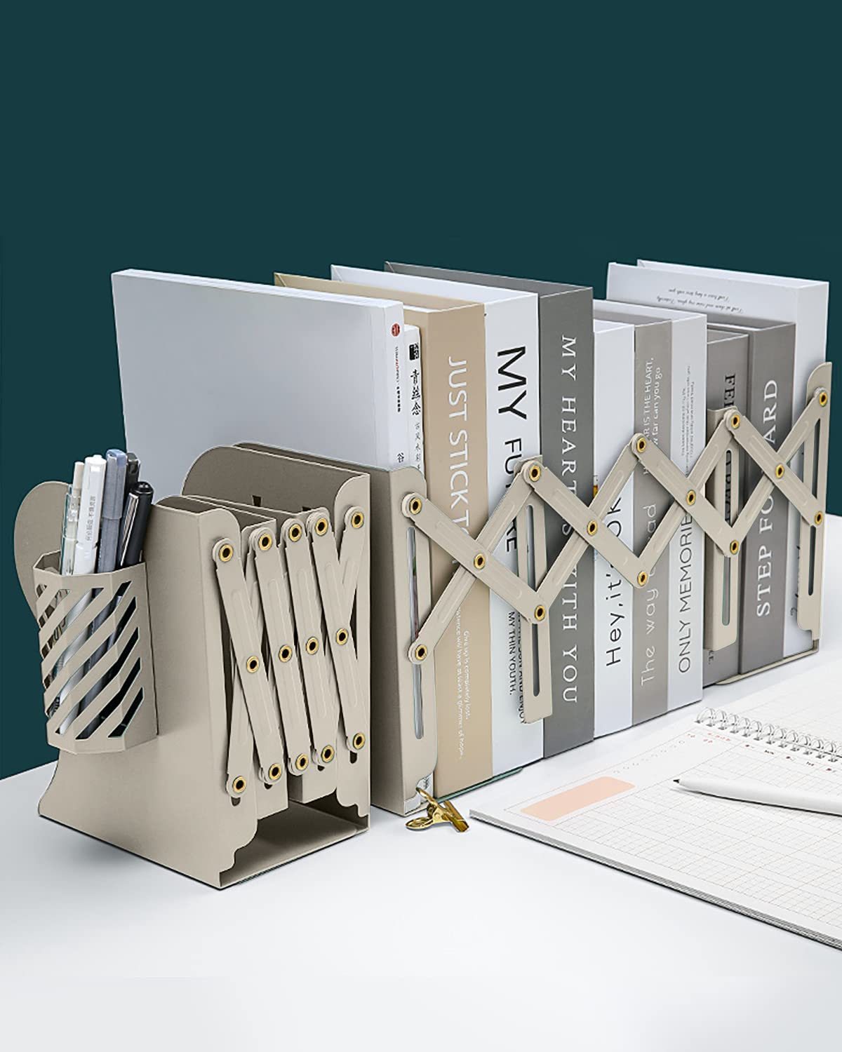 MSDADA Adjustable Bookends, Metal Book Ends for Heavy Books, Expandable Book Organizer with Pen