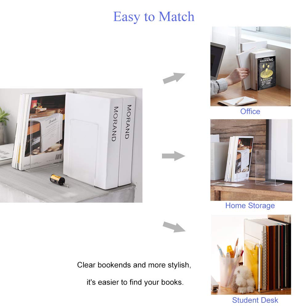 MerryNine Clear Acrylic Book Ends Bookends for Shelves