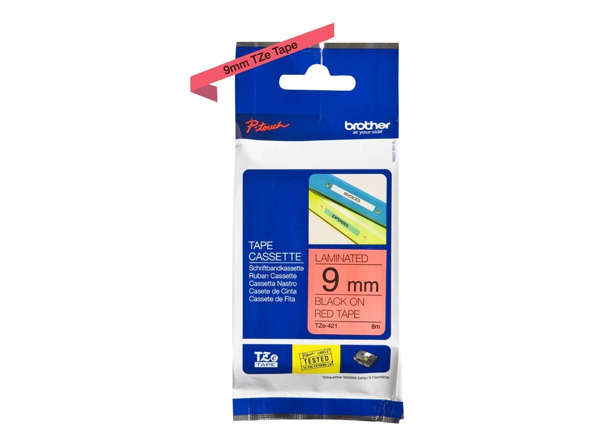 Brother TZe-421 Labelling Tape Cassette, Black on Red, 9 mm (W) x 8 m (L), Laminated, Brother