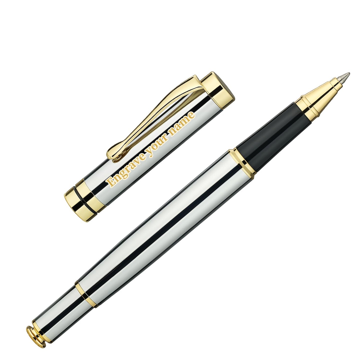 BEILUNER Personalized Pen, Bright Silver Chrome Metal Pen with Golden Trim