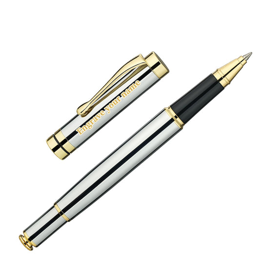 BEILUNER Personalized Pen, Bright Silver Chrome Metal Pen with Golden Trim
