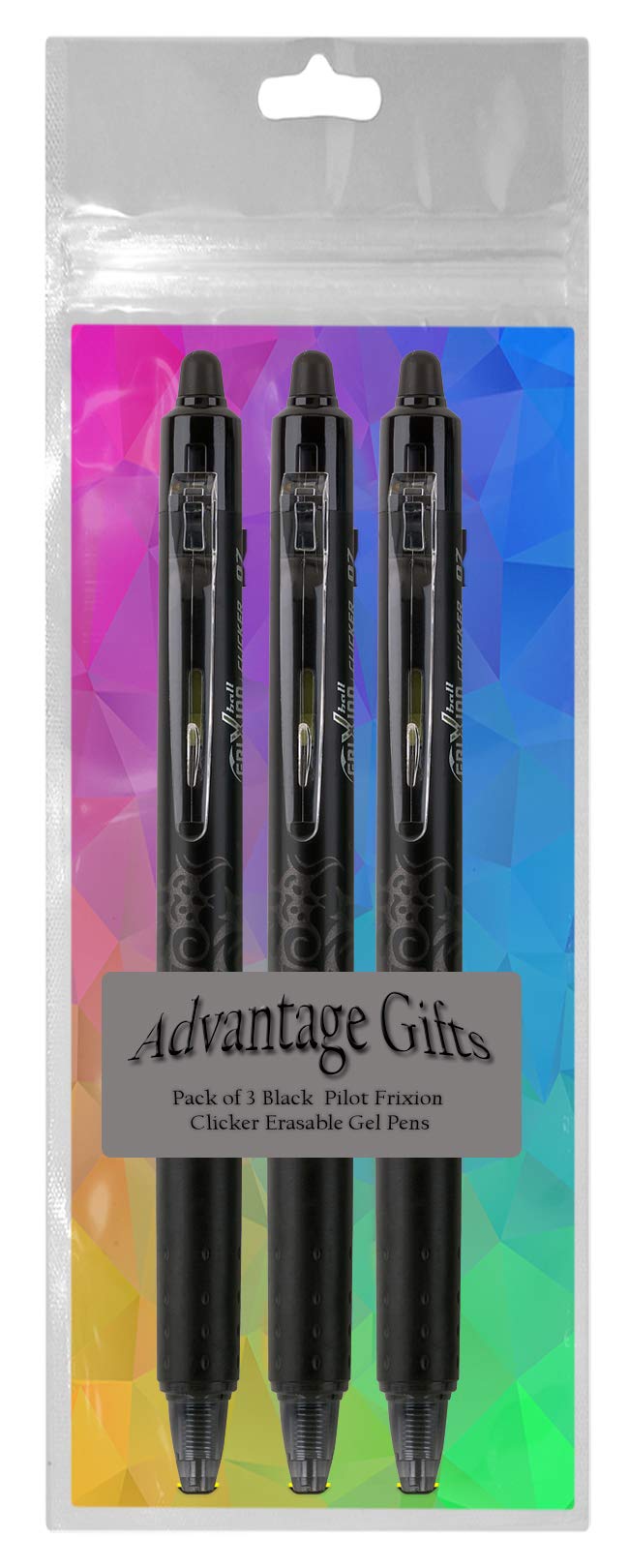 Advantage Gifts Clicker Retractable Erasable Gel Pens Fine Point (.7mm) Black Ink 3-pk;