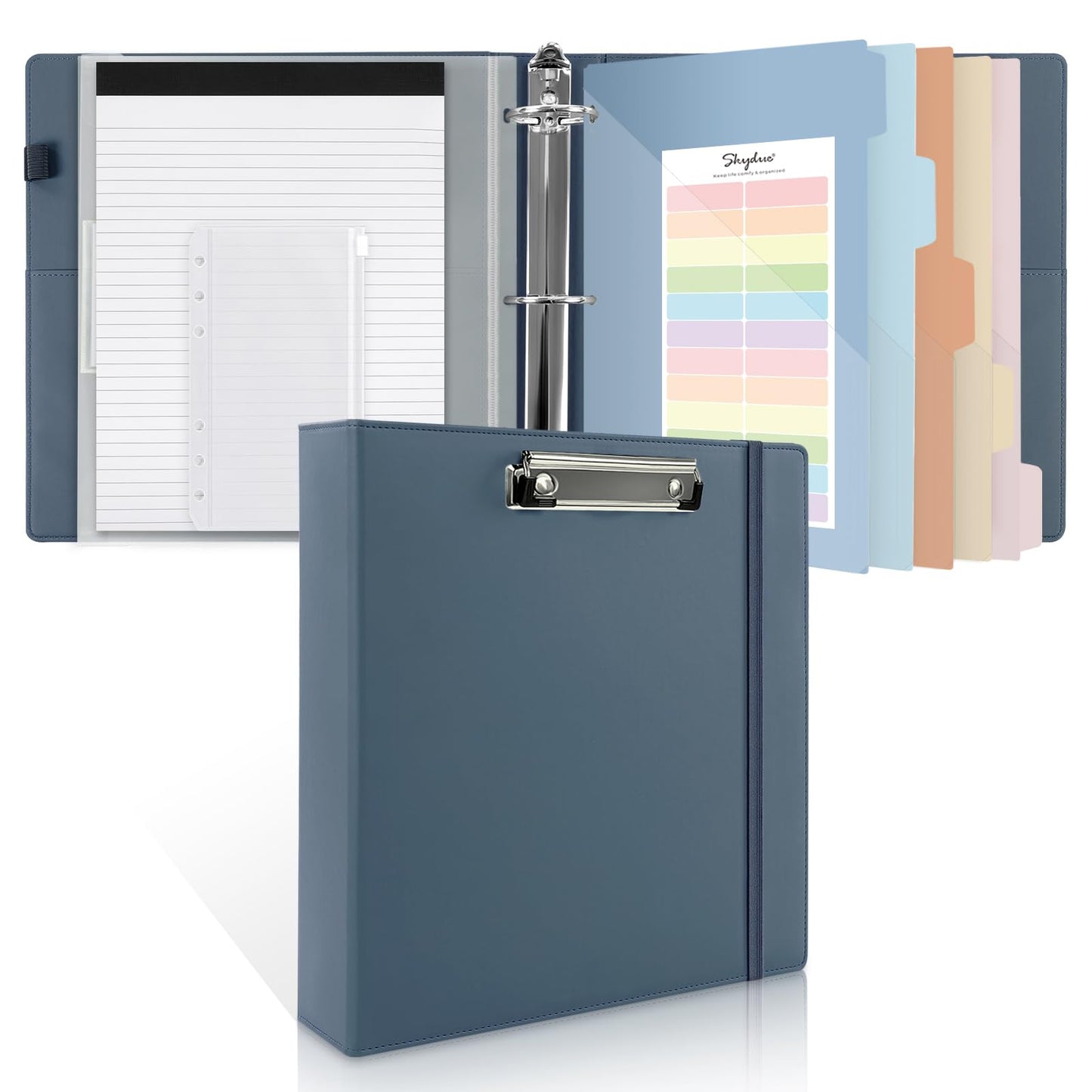 SKYDUE 3 Ring Binder with Clipboard, 2 Inch Heavy Duty Binder, PU Clipboard Binder with Notepad & 5