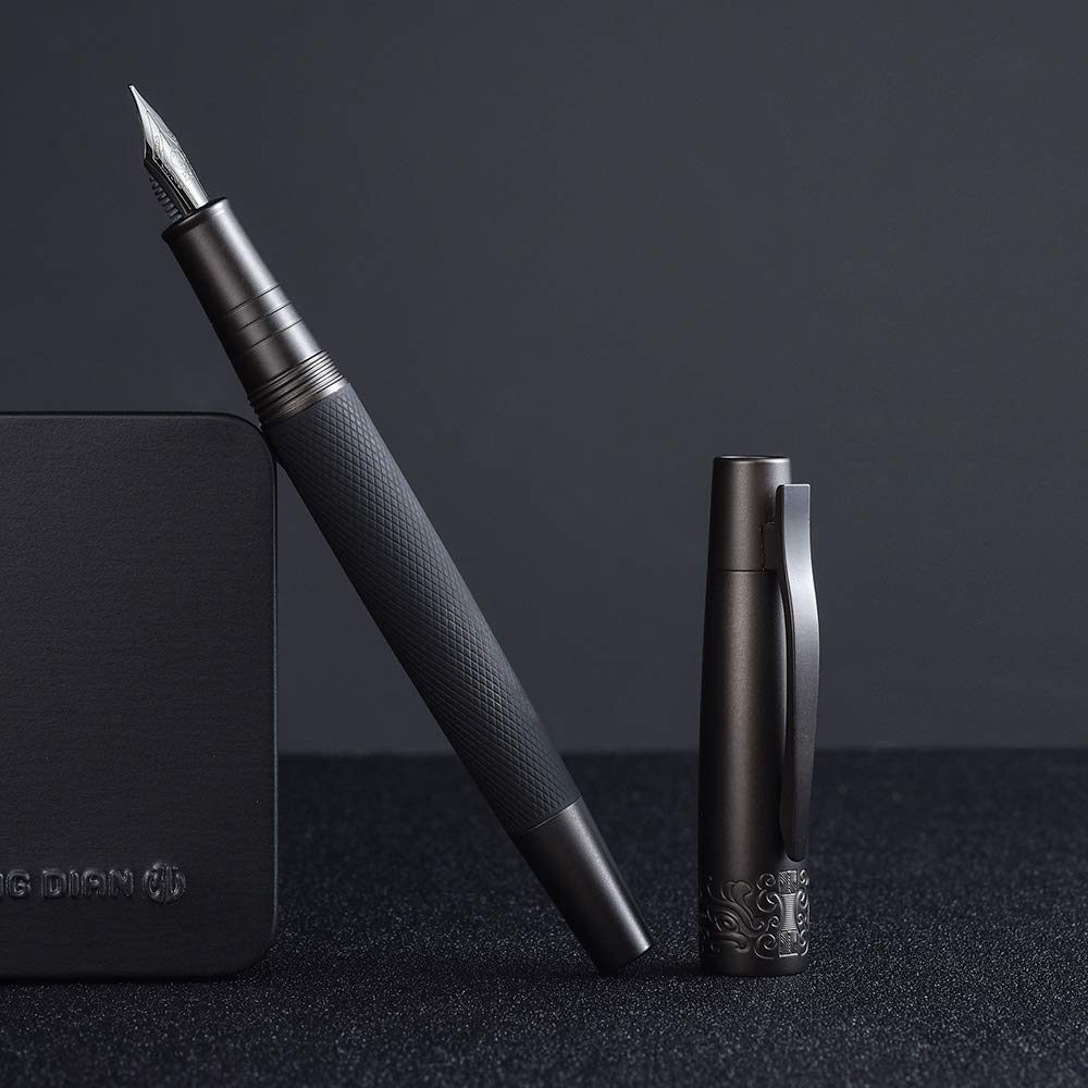 6013 Pure Black Solid Metal Fountain Pen Extra Fine Nib, Senior General Ink Converter Pen Metal Box