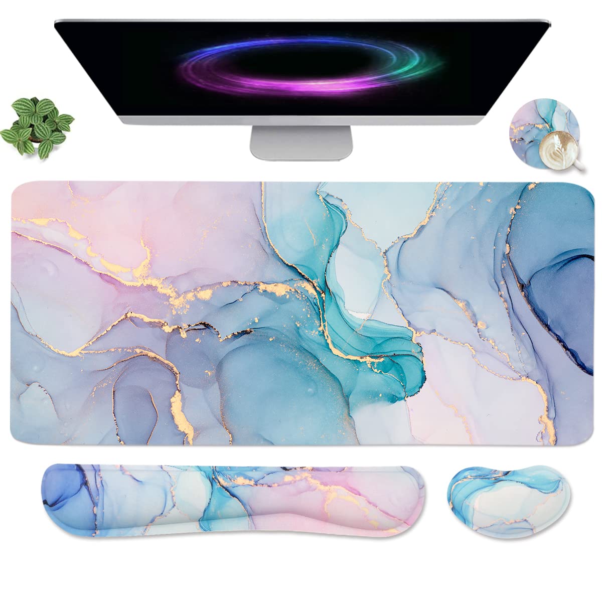 4-in-1 Large Gaming Mouse Pad, Keyboard Wrist Rest Pad & Wrist Support Mousepad Set, Extended Desk