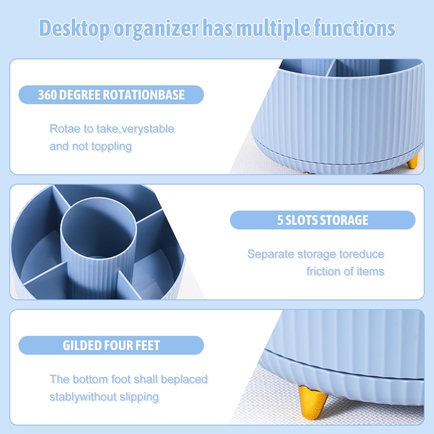 Gawsey Blue Desk Organizers and Accessories with Desk Organizer 360° Rotating Pen Holder and Office