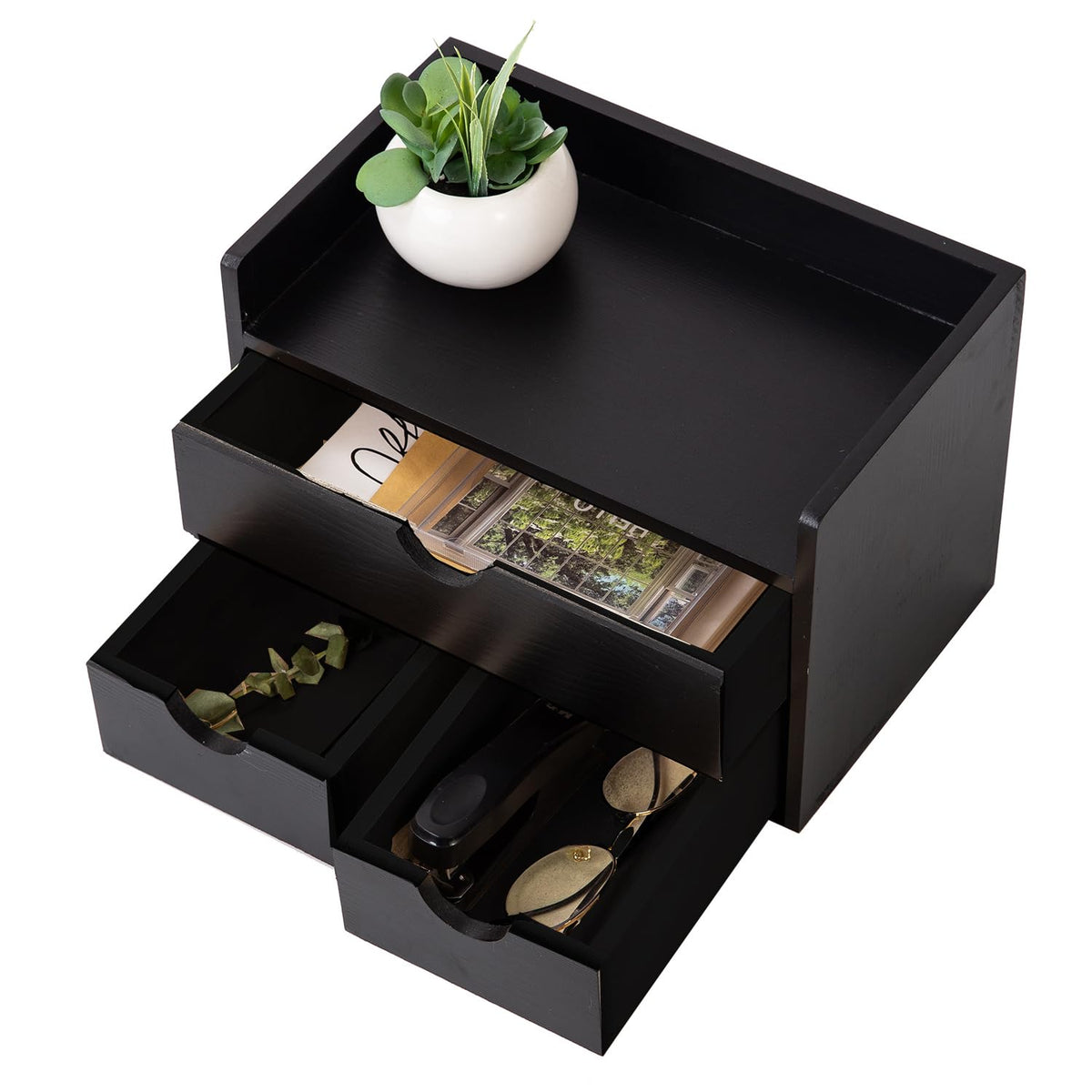Rustic Distressed white 3-Tier Wood Desk Organizer with 3 Drawers Mini Storage Shelf For Desk