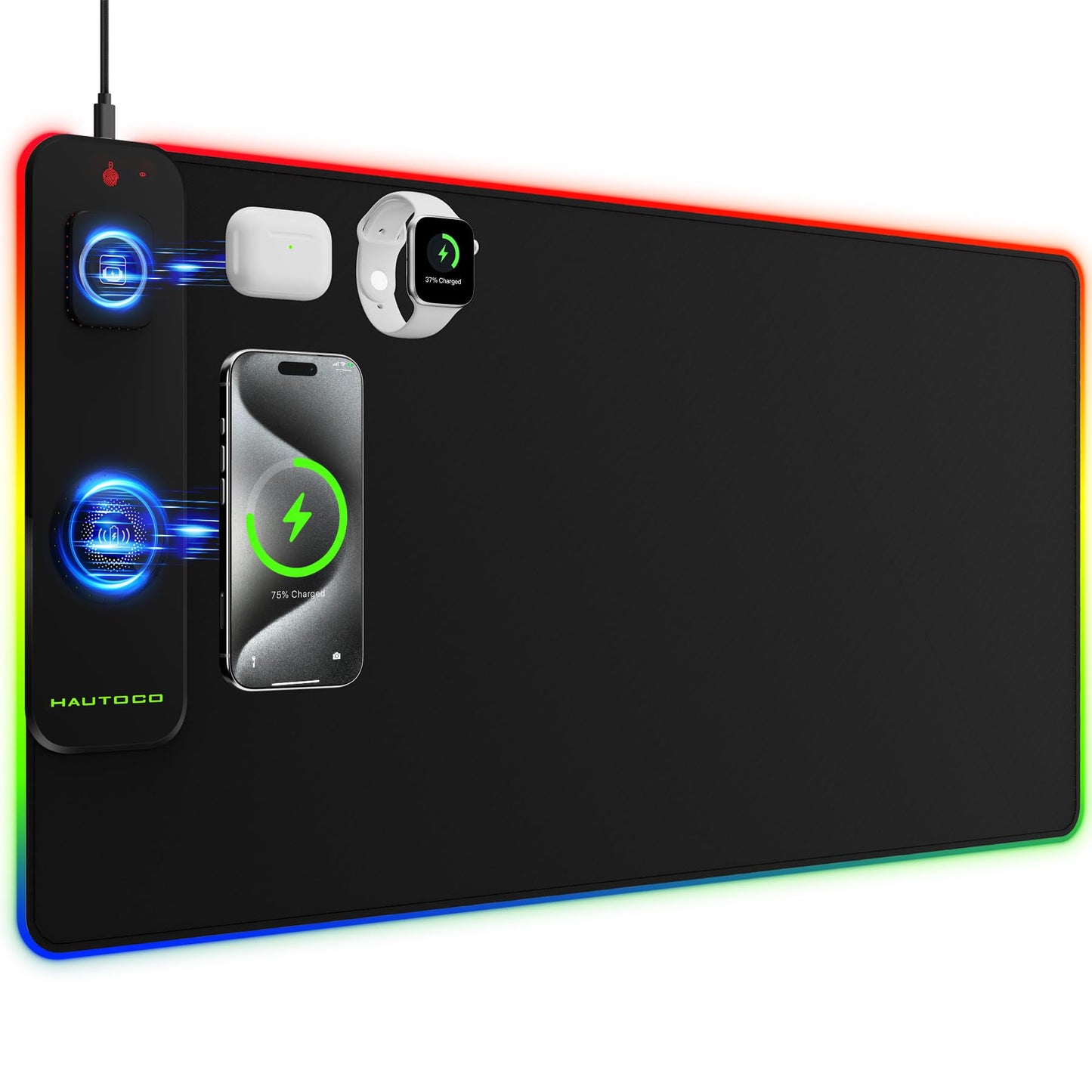 HAUTOCO Wireless Charging Mouse Pad, RGB Large Gaming Desk Mat