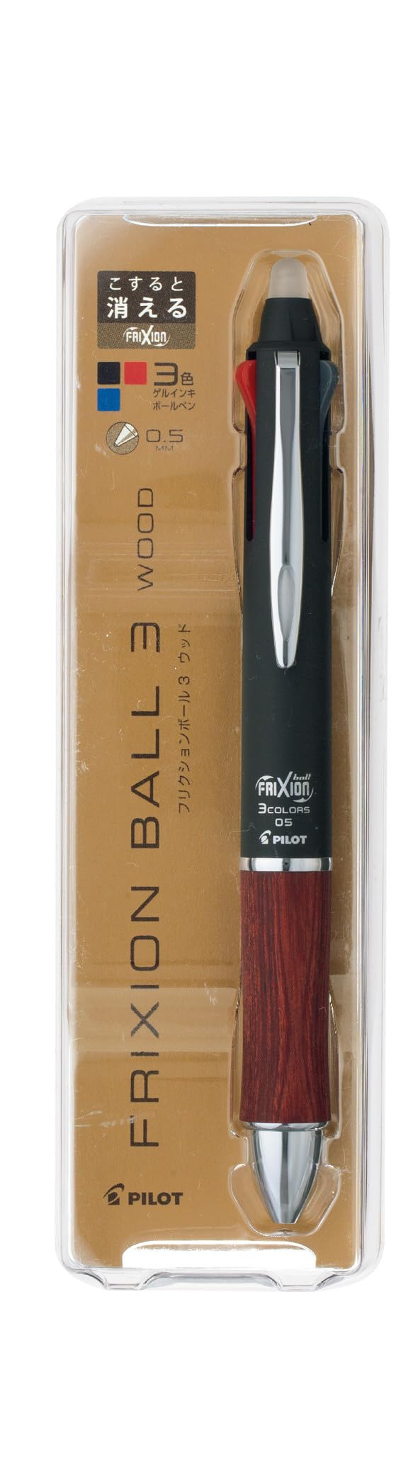 Pilot LKFB-2SEF-DR Erasable Tri-Color Ballpoint Pen, Frixion Ball 3, Wood, 0.5, Deep Red