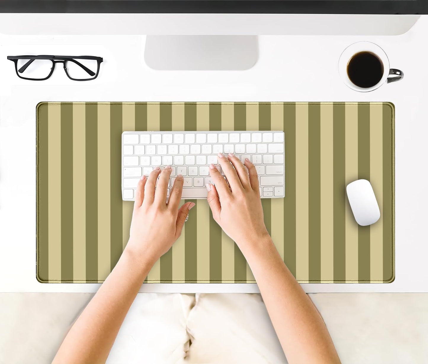Olive Yellow Striped Desk Mat Cute Pastel XXL Large Gaming Mouse Pad Desk Pad Kawaii Cozy Aesthetic