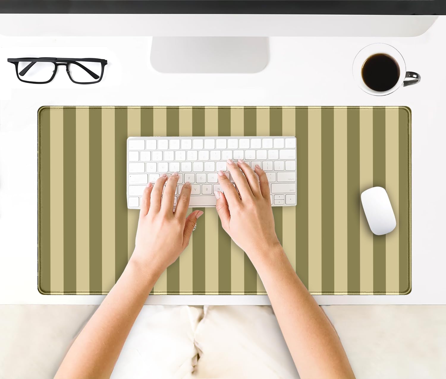 Olive Yellow Striped Desk Mat Cute Pastel XXL Large Gaming Mouse Pad Desk Pad Kawaii Cozy Aesthetic