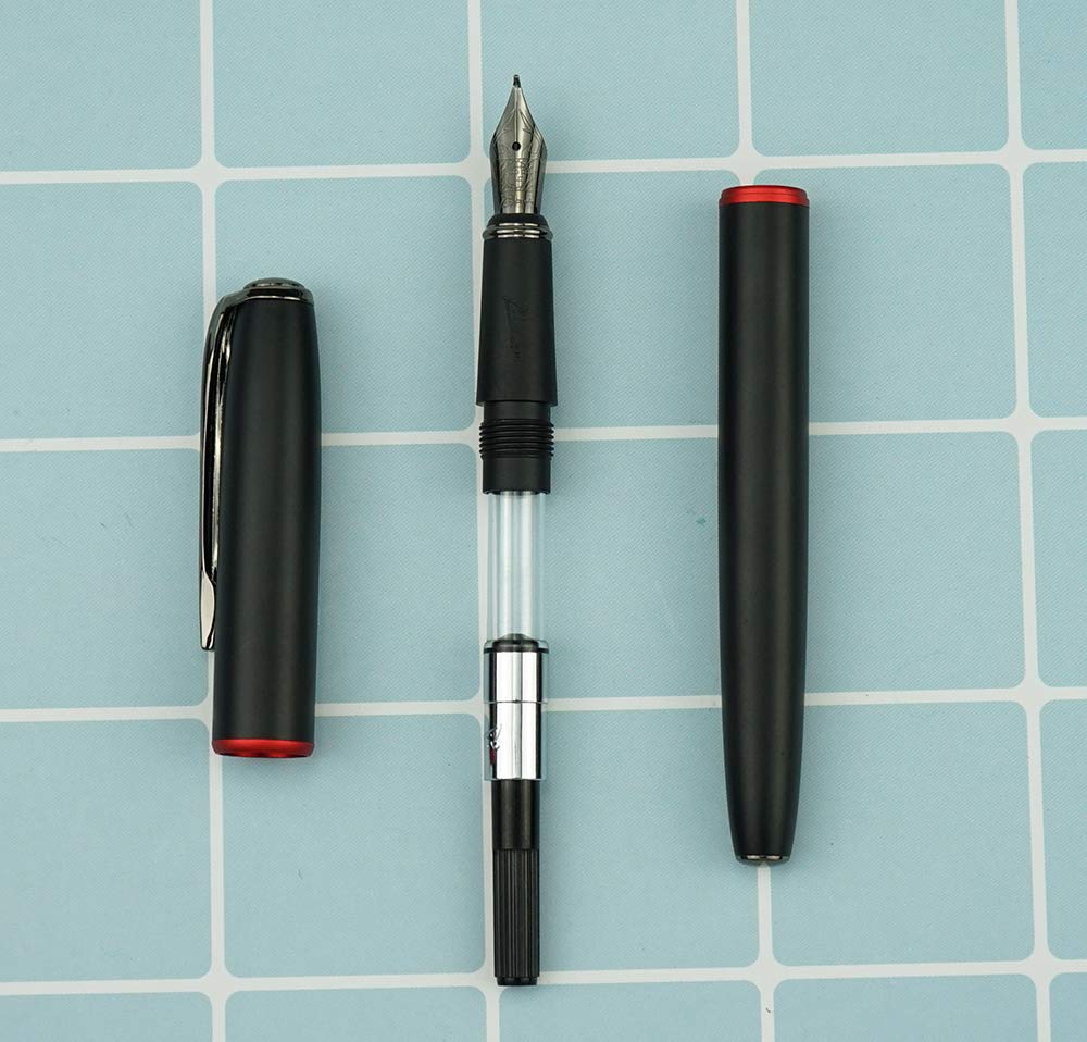 erofa Picasso 916 Matte Black & Red Ring Fountain Pen with Box - Titanium Gray Bent Nib