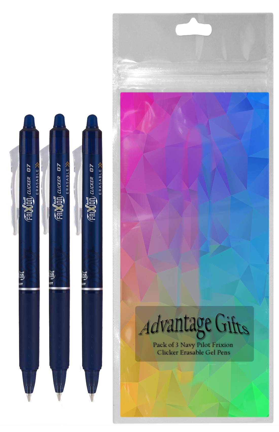 Advantage Gifts Clicker Retractable Erasable Gel Pens Fine Point (.7mm) Navy Ink 3-pk;