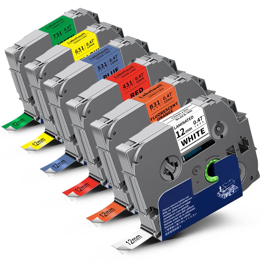 Labelwell 6-Pack TZe-231 TZ Tape 12mm 0.47 Laminated Multi-Color 1/2"