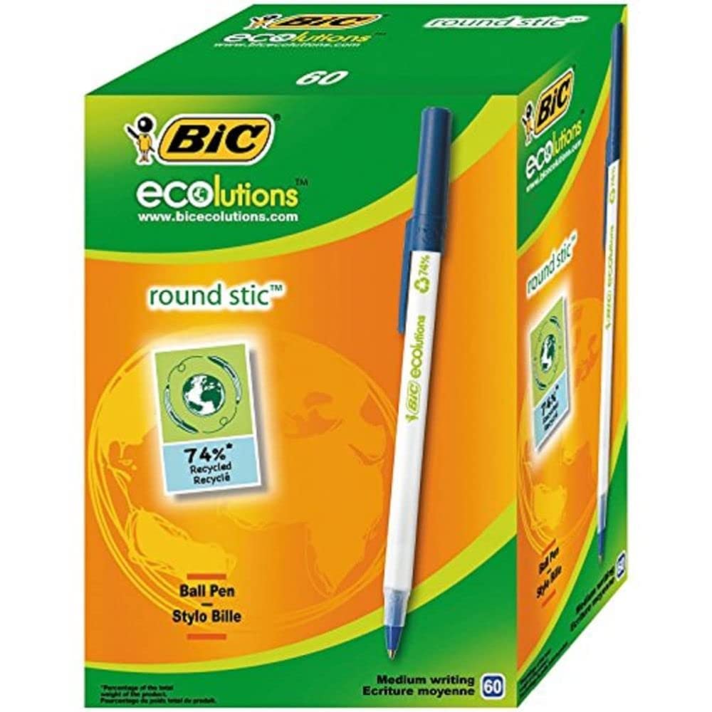 Bic ECOlutions Round Stic Ballpoint Pen in Blue, Line Width 0.4 mm, Pack of 60, Ideal for the