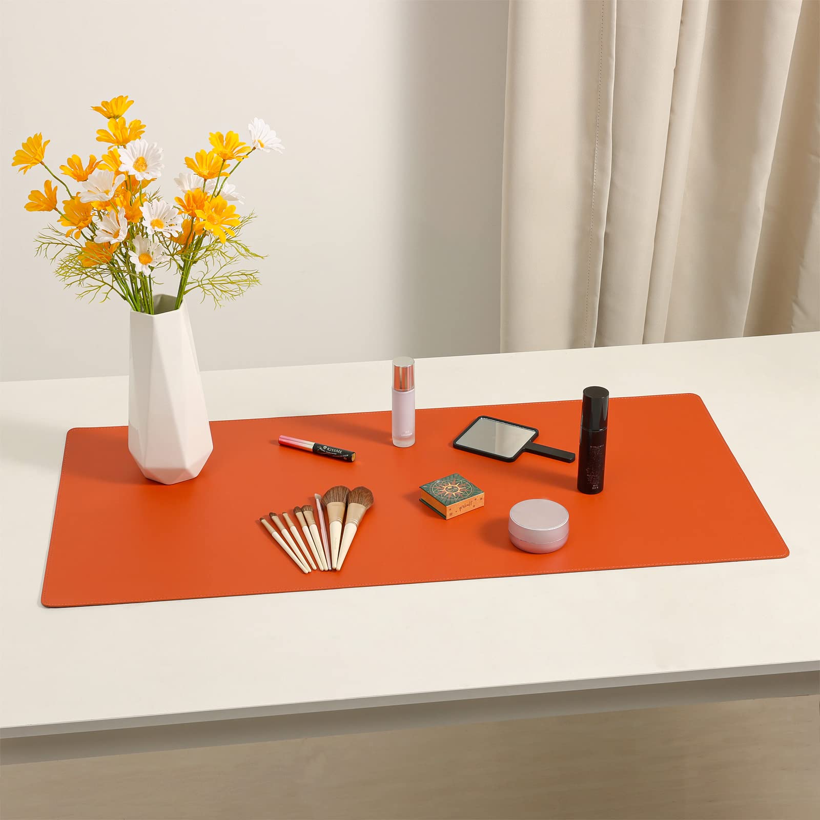 Wolaile PU Leather Desk Pad Blotter,Waterproof Orange Office Desk Mat for Women,Non-Slip Writing