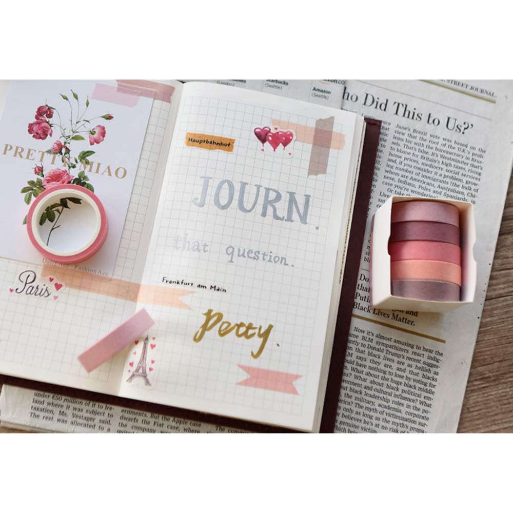 EnYan Solid Color Washi Tapes Set, 5 Rolls Basic Collection Decoration 10mm Wide Japanese Masking