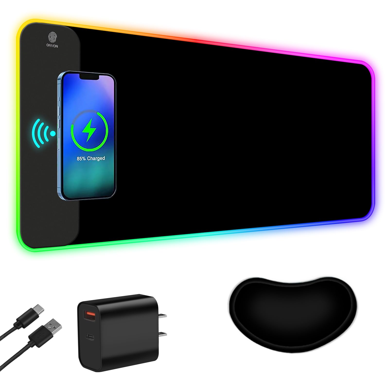 ToLuLu Wireless Charging RGB Gaming Mouse Pad, 15W LED Mouse Mat with 30W Charger, 14 Light Modes