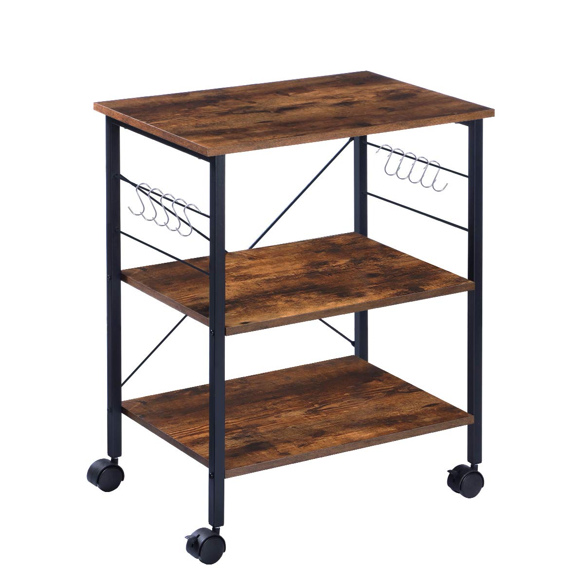 Rustic Brown 3-Tier Bakers Rack with Wheels - Microwave Stand and Coffee Cart for Kitchen and