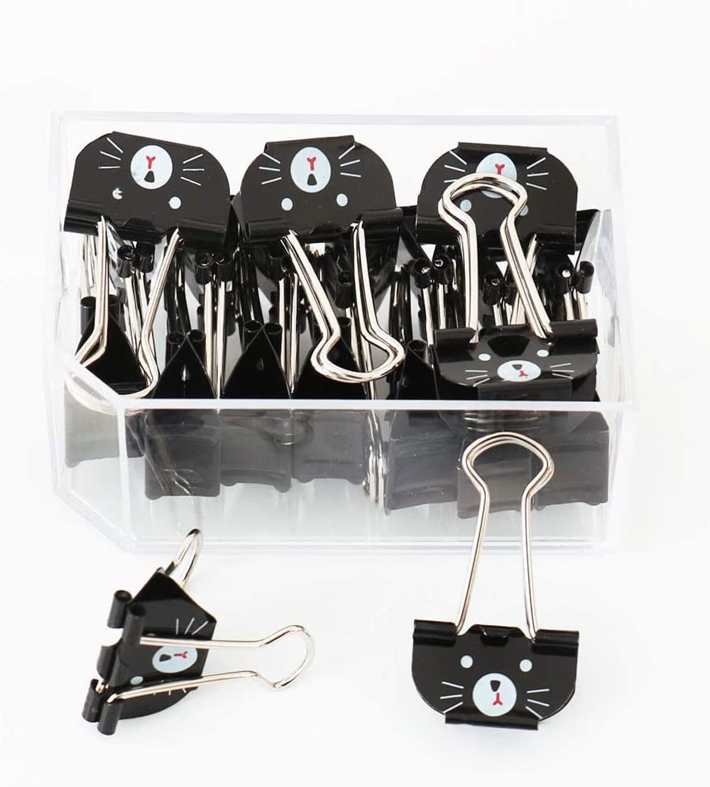 Cute Cat Metal Binder Clips 20Pcs Black Medium Paper Clamps for School Home Desk Organizers Office