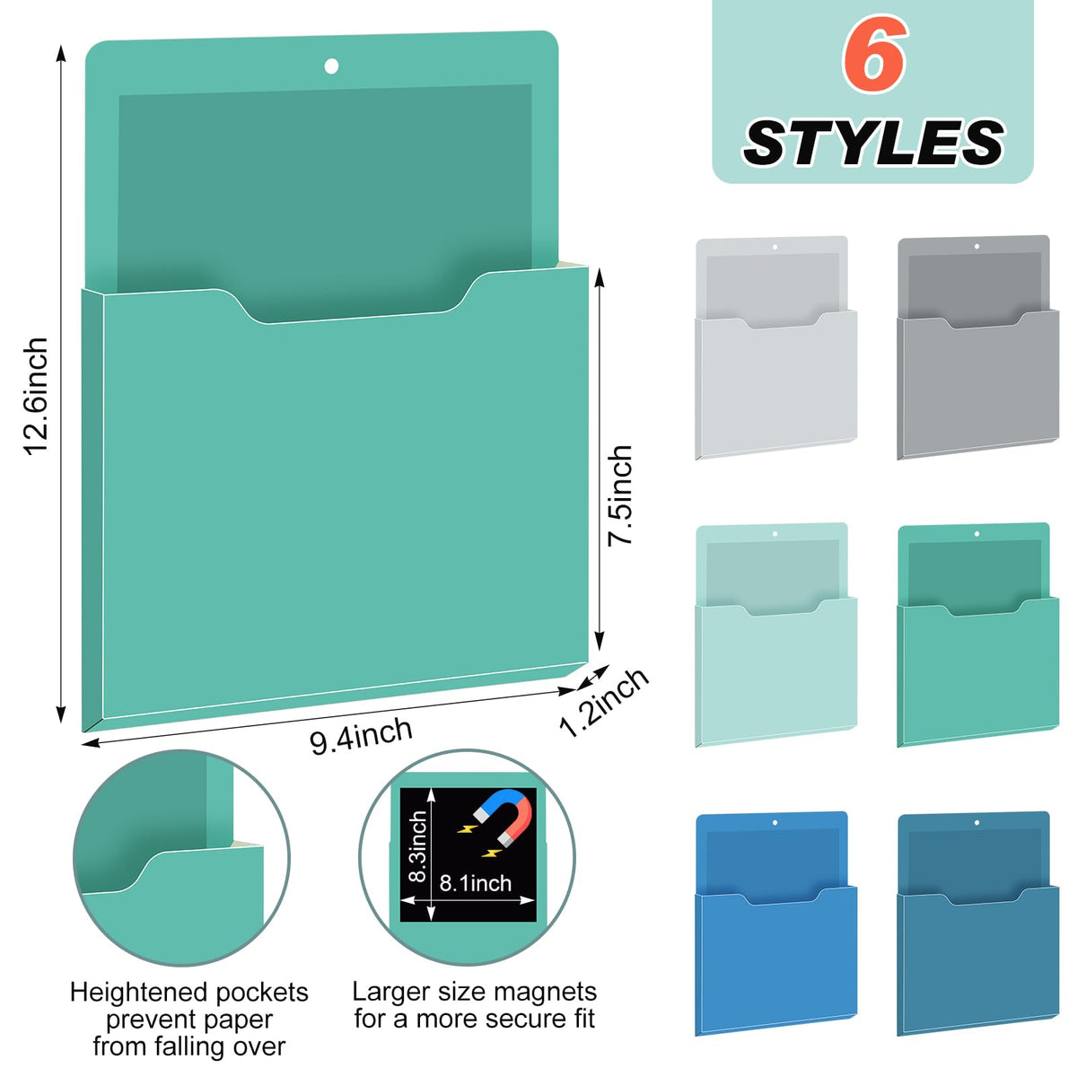 Fuutreo Magnetic Wall File Holder,6pcs,Aqua Green,Vertical-large