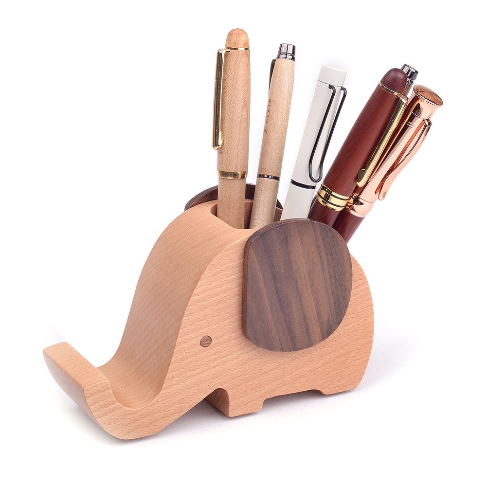 Artinova Elephant Wooden Pen Cup Pencil Holder for Desk Decor Desk Organizer with Cell Phone Stand