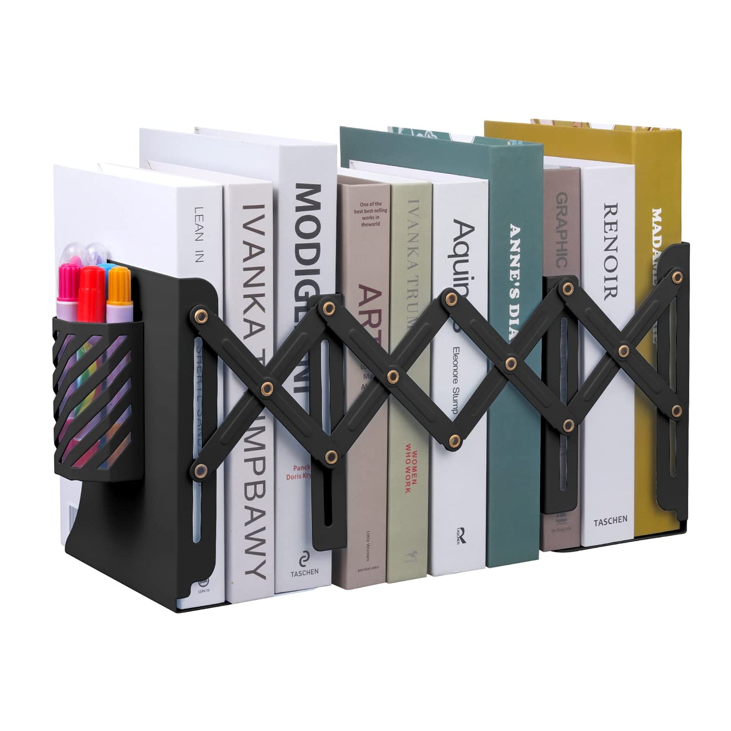 MSDADA Adjustable Bookends, Book Ends for Heavy Books, Expandable Book Organizer with Pen Holder