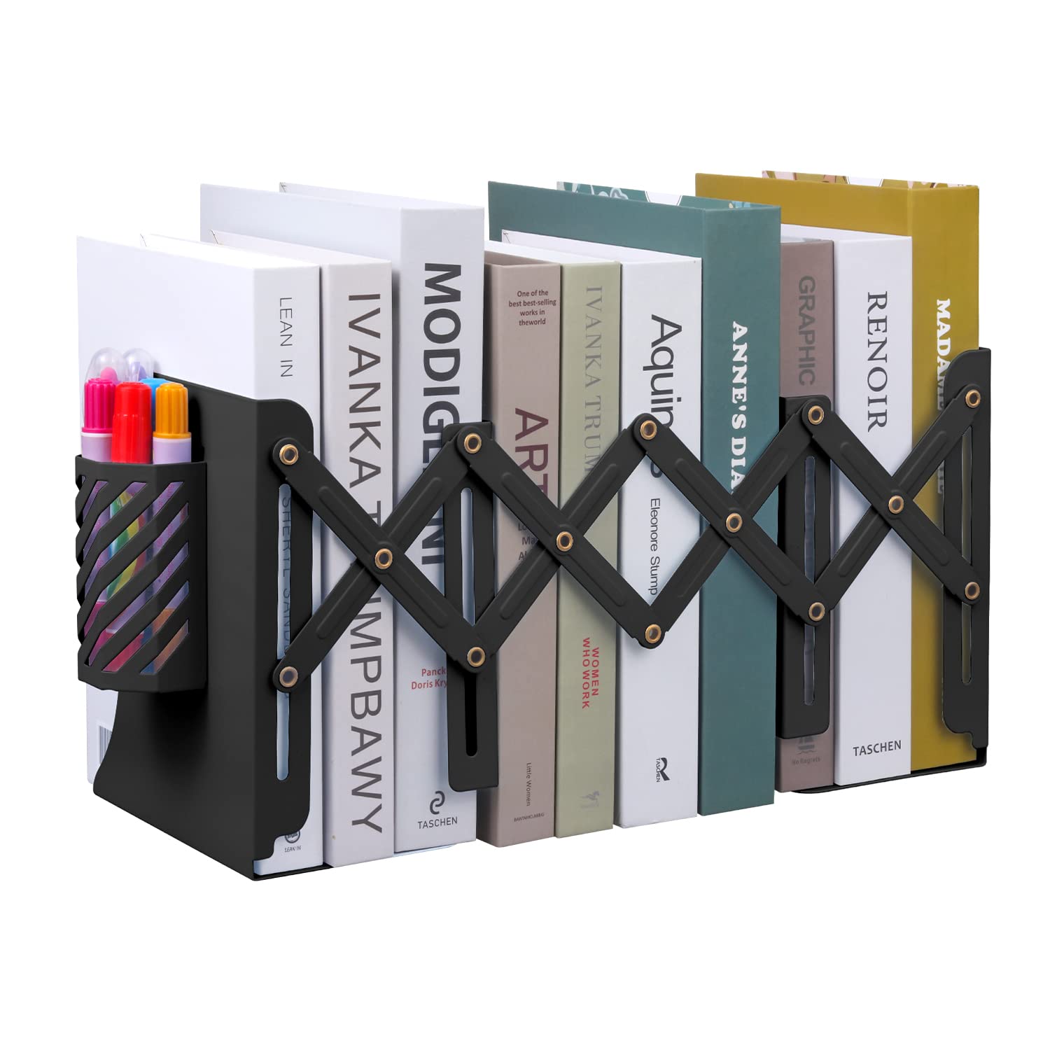 MSDADA Adjustable Bookends, Book Ends for Heavy Books, Expandable Book Organizer with Pen Holder