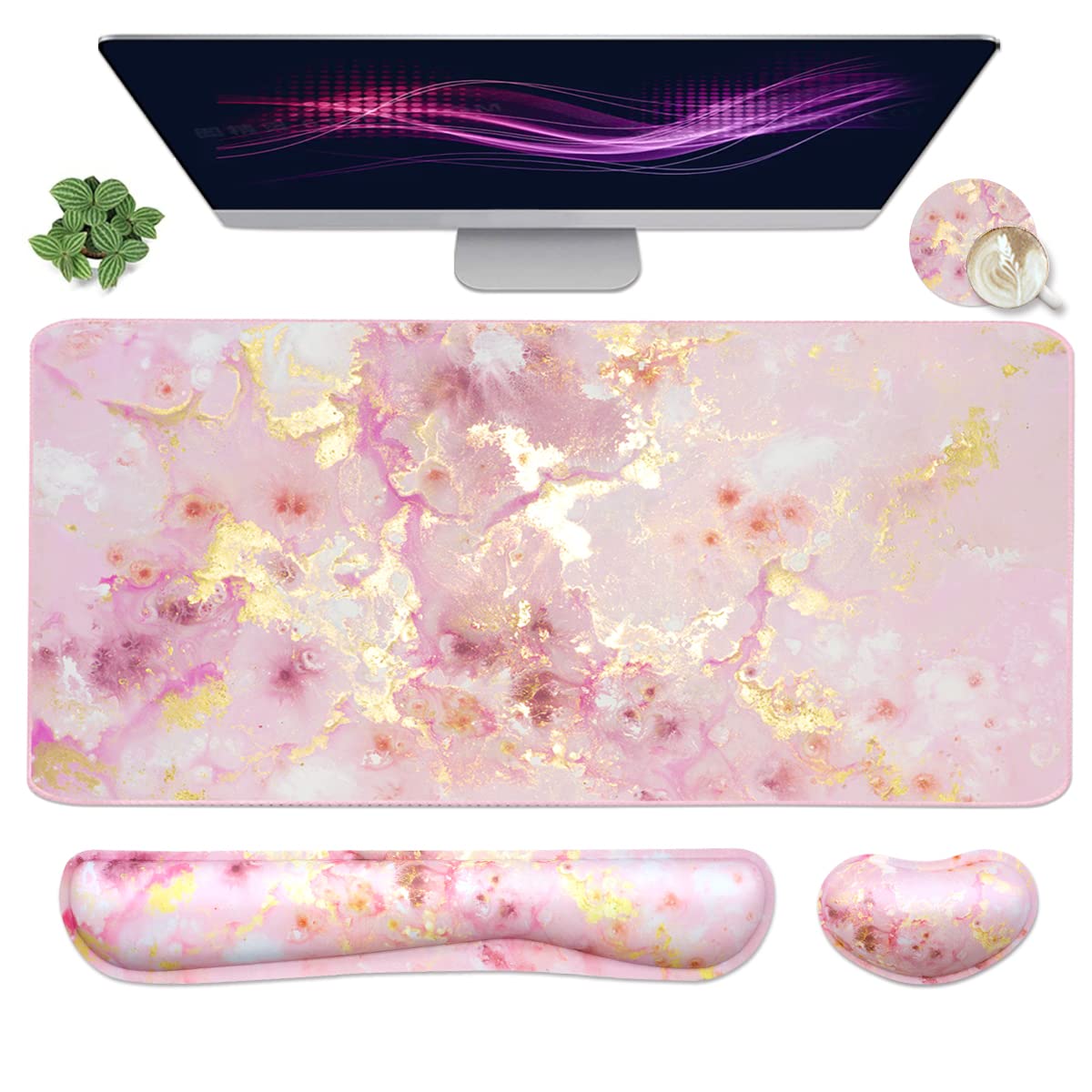 Large Mouse Pad and Keyboard Wrist Rest, Desk Pad for Keyboard and Mouse, 4-in-1 Large Gaming Mouse