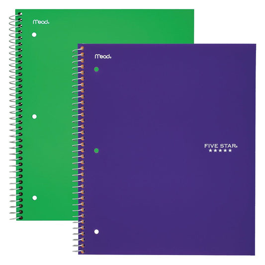 Five Star Spiral Notebooks, 1 Subject, Wide Ruled Paper, 100 Sheets, 10-1/2" x 8", Green, Purple, 2